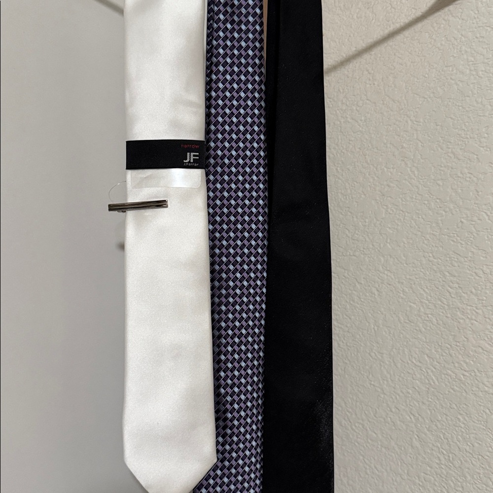 JF J.Ferrar White, Black, and Patterned Tie Collection one is a Covington.